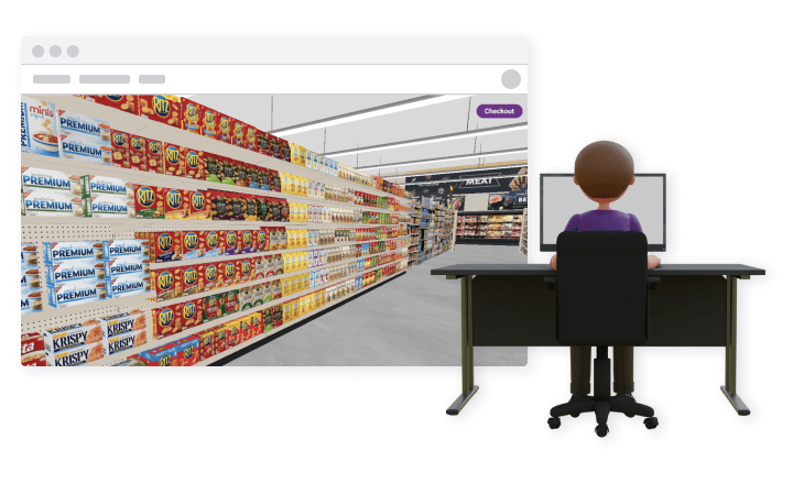 Animated man at desk doing online virtual grocery store research