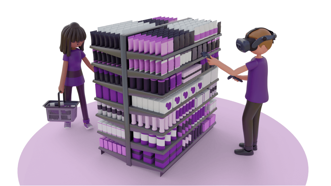 index-hero Person planogramming aisle with VR headset and shopping the aisle with a shopping basket