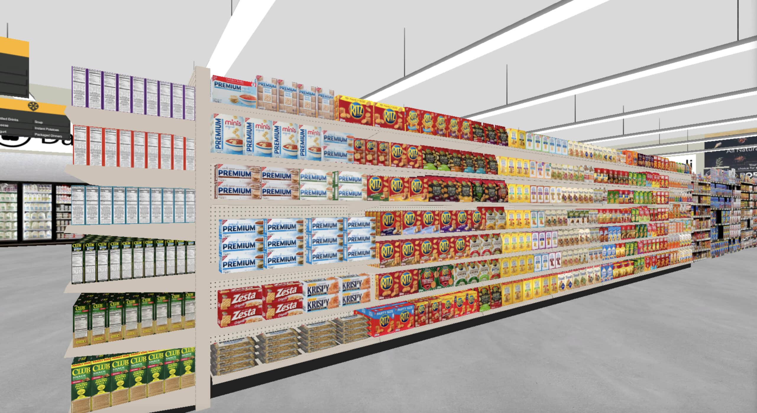 3D cracker grocery aisle in virtual reality Walmart