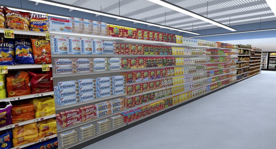 3D virtual reality cracker grocery aisle