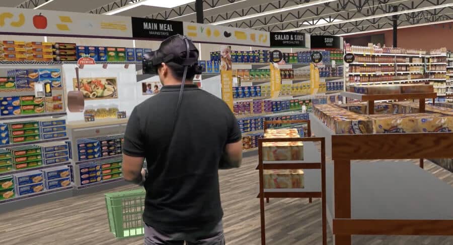 Man shopping pasta aisle reinvention in virtual reality grocery store
