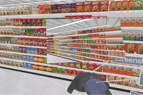 Person taking a 360 screenshot of grocery aisle planogram in virtual reality