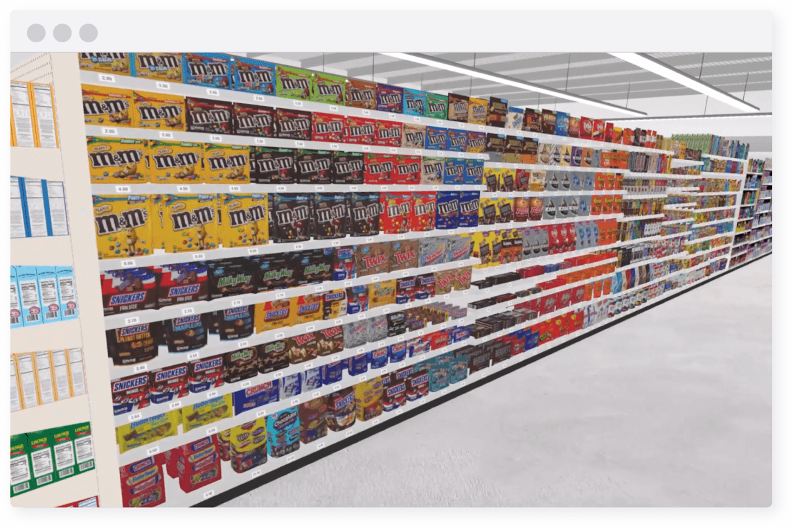 Virtual reality planogram of candy aisle in grocery store