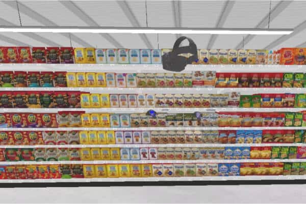 Person presenting virtual reality grocery aisle in third-person view