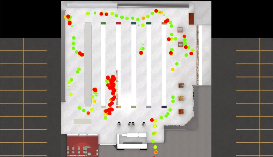 Path tracking heat map of customer traffic in grocery store