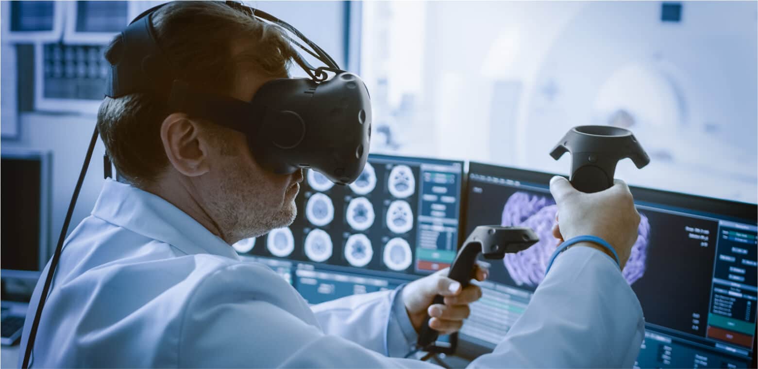Doctor using virtual reality to simulate brain surgery