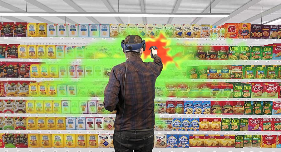 Man shopping grocery store cracker aisle in virtual reality that shows what he has looked at using eye tracking heatmap