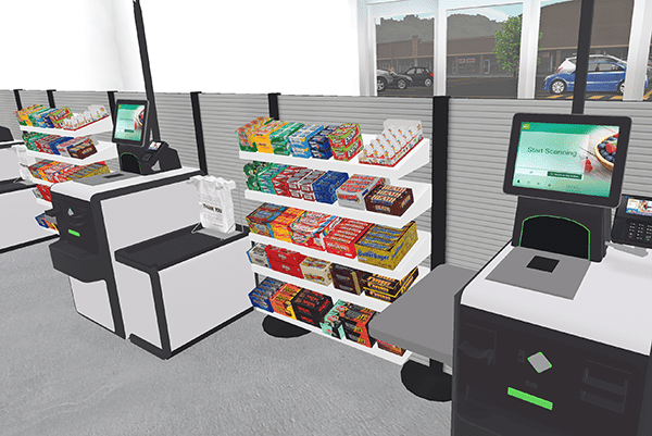 Virtual reality self checkouts and product displays