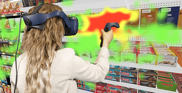 Woman shopping bar aisle in virtual reality with eye tracking heatmap