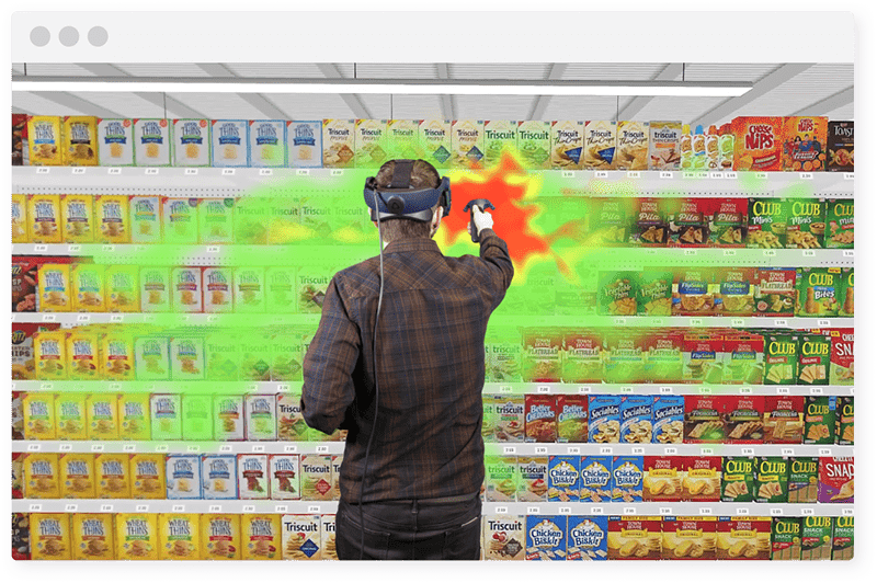 Man in virtual reality headset reaching for product in 3D cracker aisle with eye-tracking heatmap
