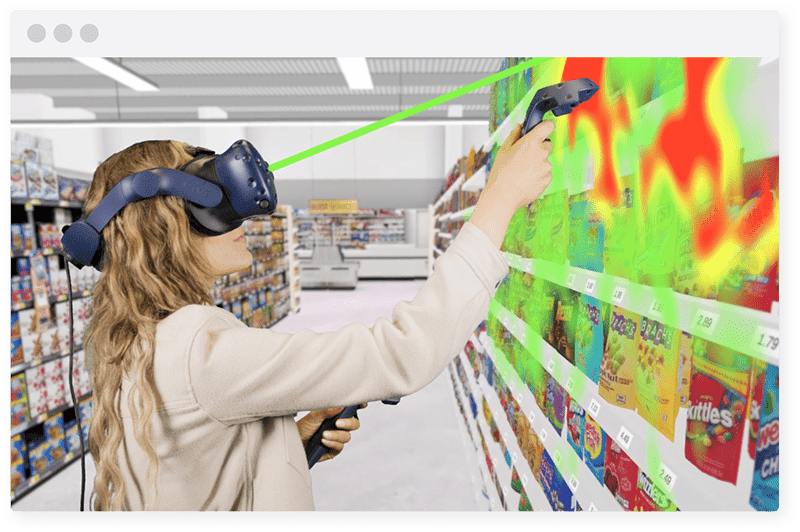 Woman grocery shopping in virtual reality with eye tracking heat map