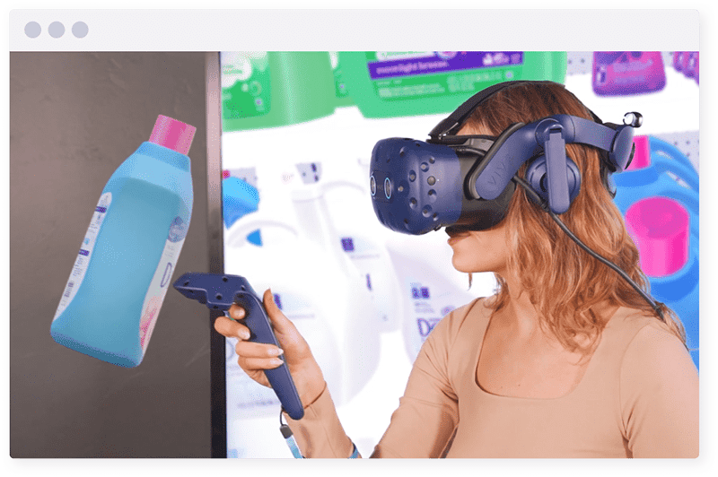 Woman in VR headset looking at 3D laundry detergent