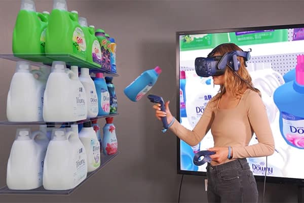 Woman looking at laundry detergent while shopping in virtual reality