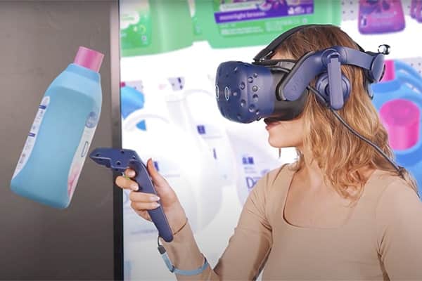 Woman looking at 3D laundry detergent while shopping in virtual reality