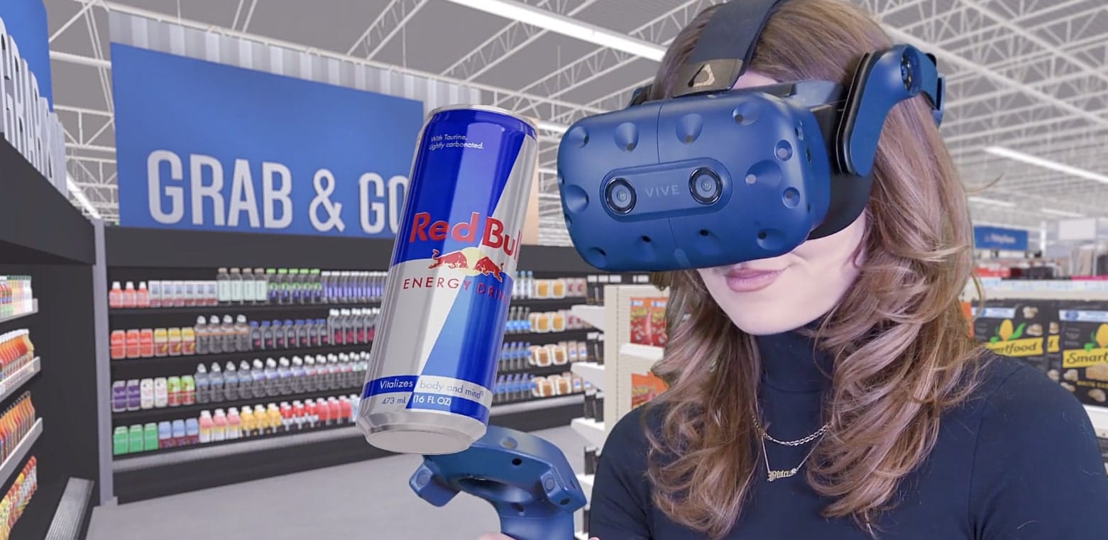 Woman looking at Red Bull in virtual reality Walmart Grab & Go front end
