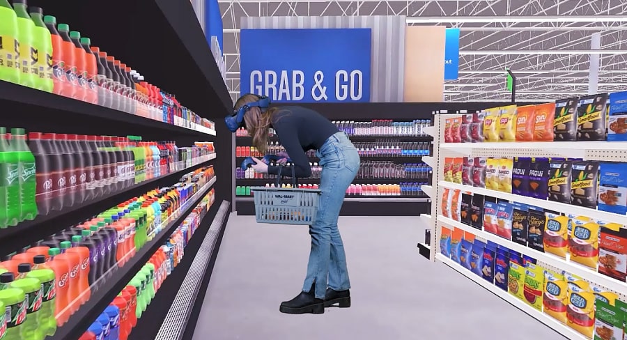 Woman shopping in metaverse virtual reality Walmart store
