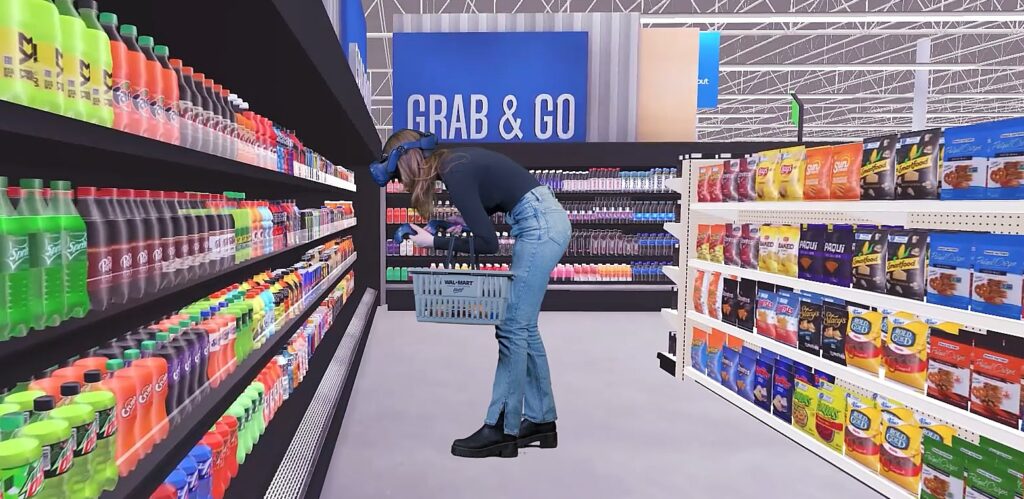 woman shopping for beverages in a virtual reality Walmart Grab & Go front end
