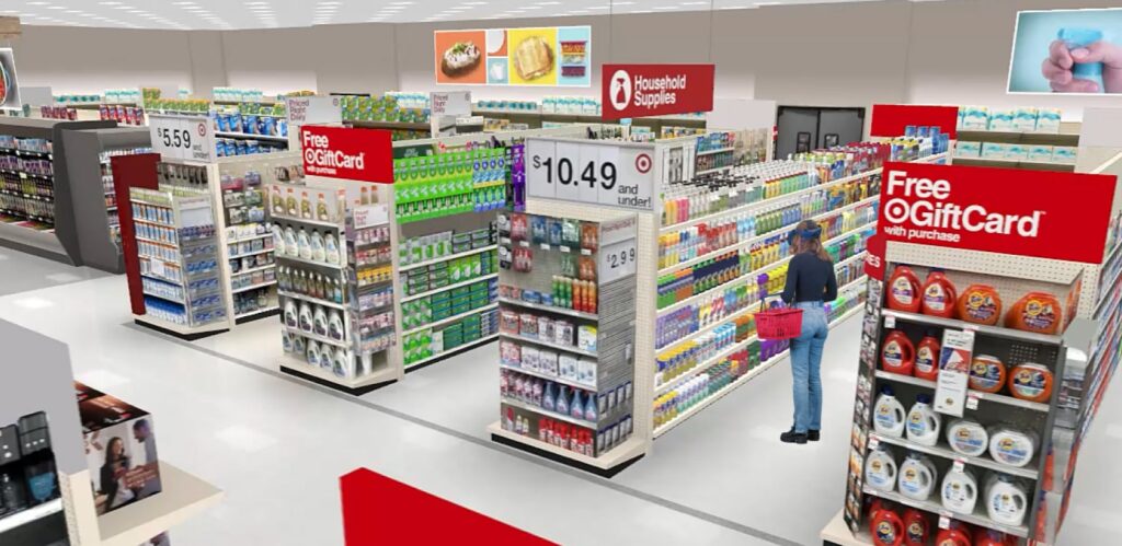 VR Retail Planning Software with woman in virtual reality Target store cleaning aisle
