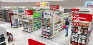 VR Retail Planning Software with woman in virtual reality Target store cleaning aisle