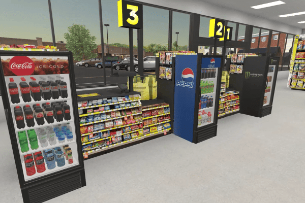 3D immersive virtual reality Dollar General Store Front End with Beverage Coolers
