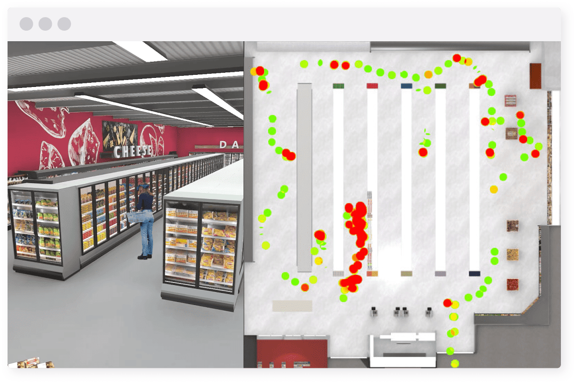 Virtual reality grocery store planning market research that generates a shopper traffic heatmap