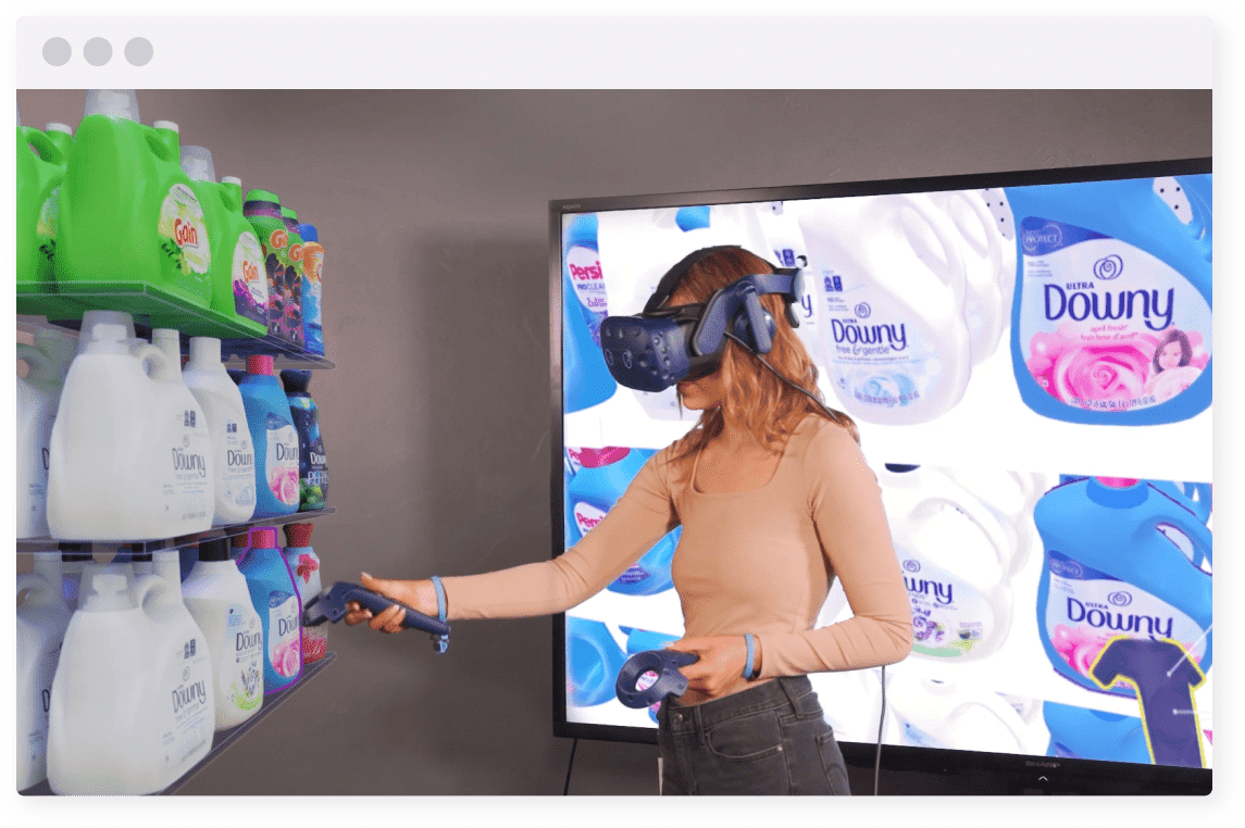 Retail employee using VR training to merchandise a laundry detergent shelf