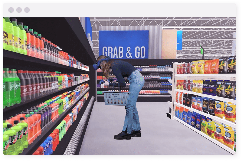 Woman in VR headset shopping the grab & go section of a virtual walmart store