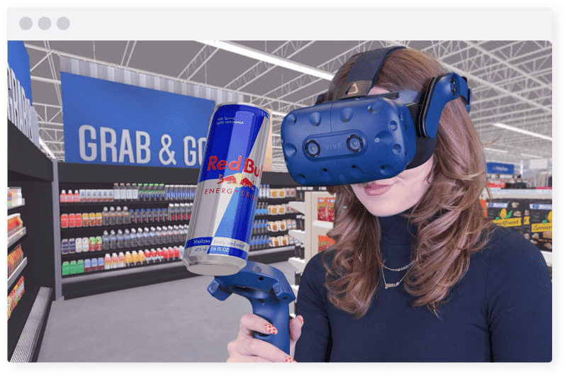 Woman in VR headset shopping in virtual Walmart store grab & go looking at a Red Bull
