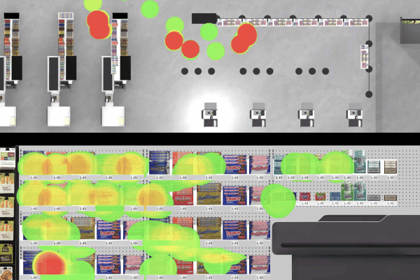Grocery store front end path and shelf eye-tracking heatmap