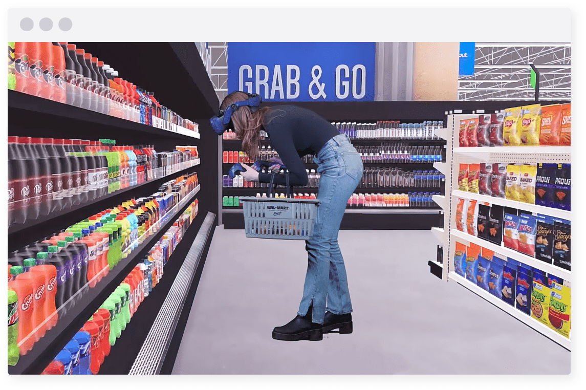 Woman in virtual reality walmart Grab & Go front end for market research shopper study