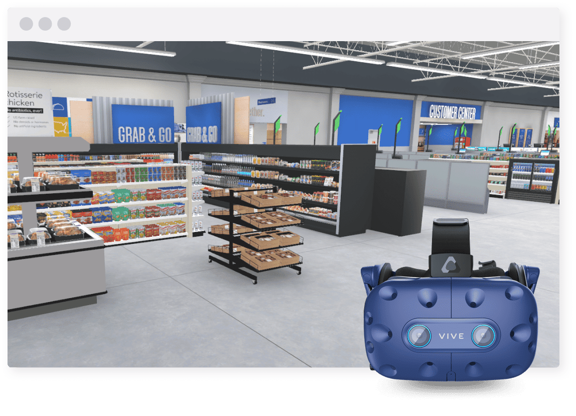 Virtual reality Walmart Grab & Go Front end checkout area for retail planning