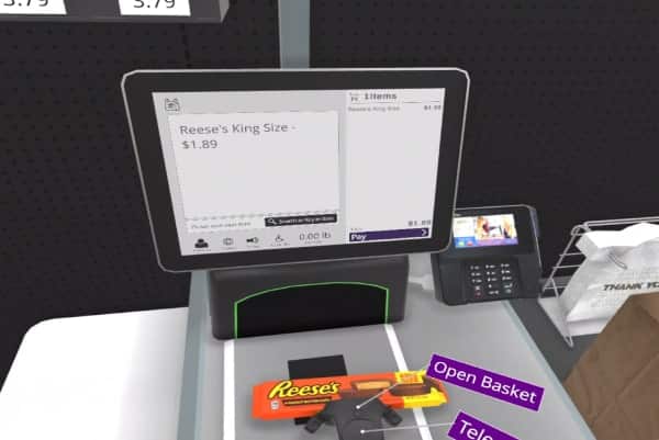 ReadySet virtual reality self checkout screen showing Reese's King Size item info and $1.89 price from VR research respondent purchase scan