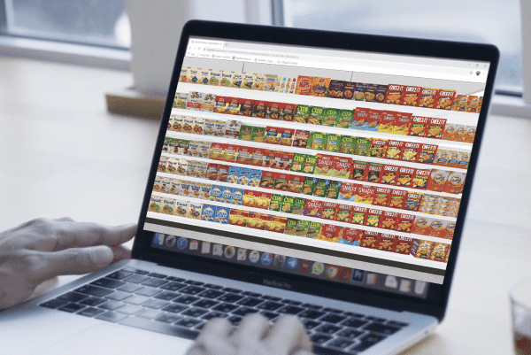 Person on laptop doing a ReadySet online shopper research shelf cracker study