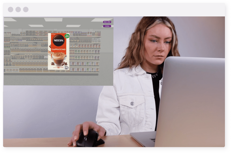 ReadySet VR Online Shopper Market Research - Female Respondent Navigating a Coffee Aisle on Her Computer