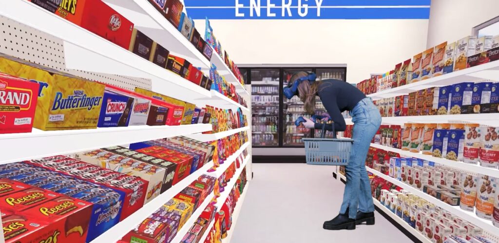 Candy, Bar, and Snack Industry use VR to Keep Up with Consumers - Woman wearing a VR headset in a 3D convenience store looking at snack aisle