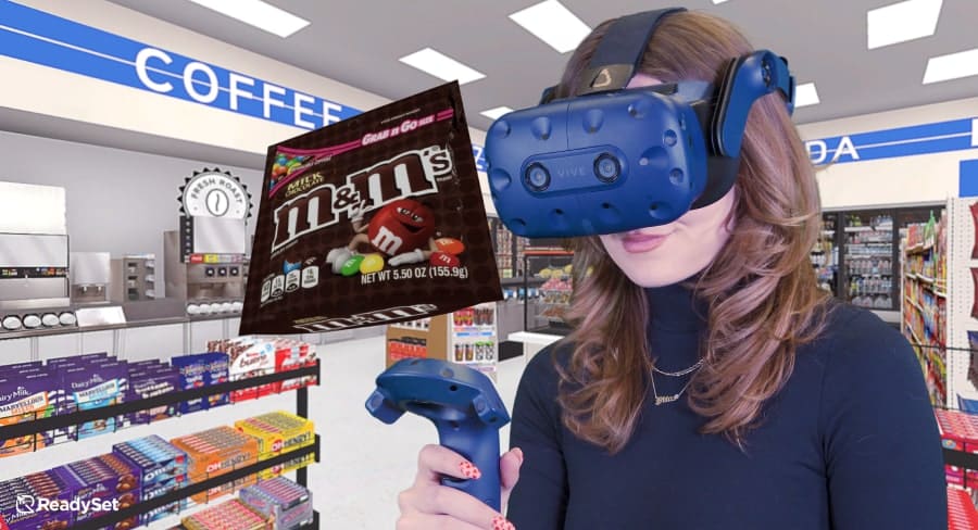 Candy/Confection industry uses VR pricing and promotion shopper research studies with woman in headset looking at bag of Grab n Go M&M's