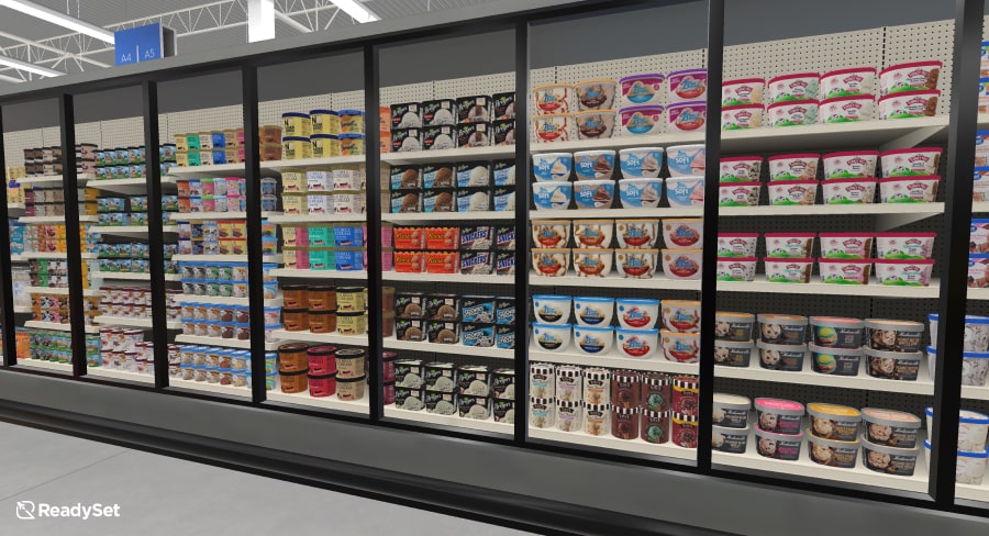 Ice cream aisle planogram using 3D models in virtual reality Walmart grocery store cooler in ReadySet VR