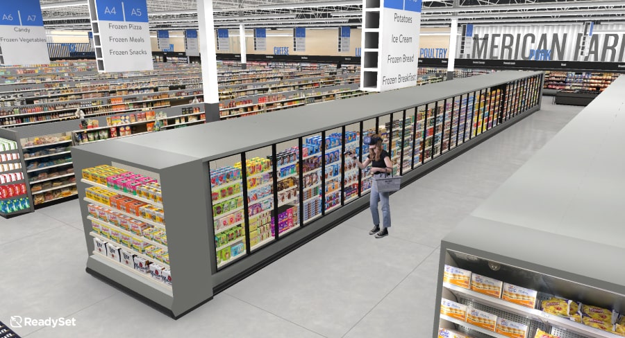 ReadySet virtual reality Walmart ice cream aisle with female shopper in VR headset browsing frozen dessert products during a research study