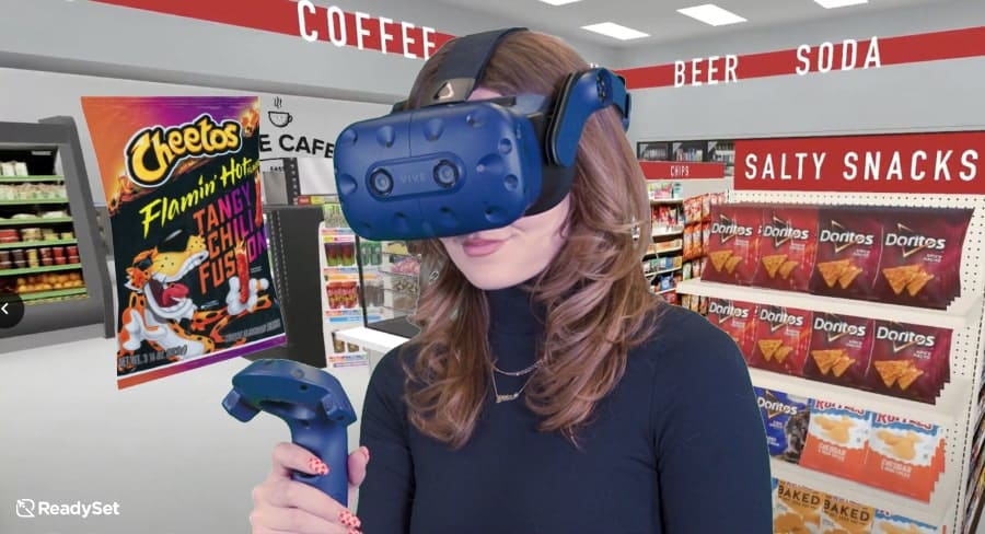 Salty snack industry uses VR to find the right flavor using shopper research with woman in headset looking at bag of Cheetos Flamin' Hot Tangy Chili Fusion