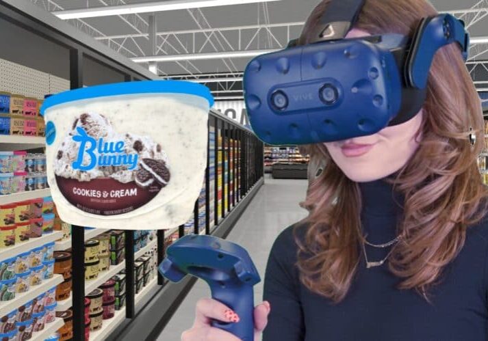 blog_ice-cream-category-leverages-vr-innovation-for-sales-growth-min ReadySet virtual reality Walmart ice cream aisle with female shopper in VR headset holding up and looking at a 3D model of Blue Bunny Cookies & Cream treat